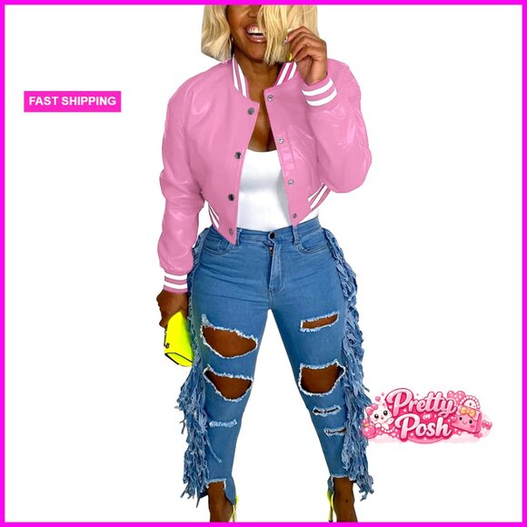 Faux Leather Moto Bomber Jacket Cropped with Pockets